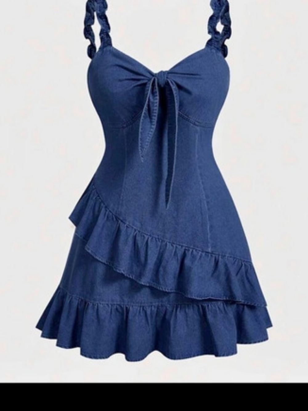 SHEIN MOD Ruffle Trim Tie Front Denim Dress Blue Mini Dress